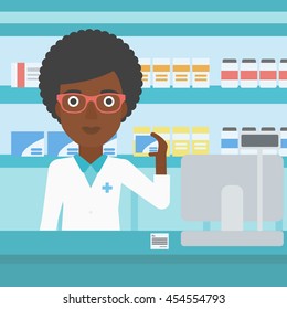 An african-american young female pharmacist standing at the counter and showing a box of pills in the pharmacy. Vector flat design illustration. Square layout.