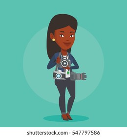 African-american young female photographer with many photo cameras equipment. Female paparazzi with many cameras. Journalist working with many cameras. Vector flat design illustration. Square layout.