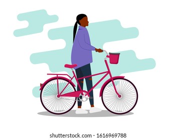 African-American young girl in versatile clothing with a Bicycle. Modern design. Flat editable vector illustration, clip art. Vector