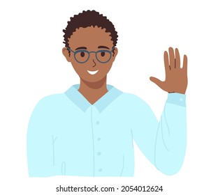 African-American young guy with glasses waves his hand, showing friendliness. Illustration of African-American student or teenager isolated on a white background
