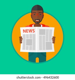 An african-american young happy man reading the newspaper. Young smiling man reading good news. Man with newspaper in hands. Vector flat design illustration in the circle isolated on background.