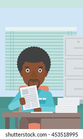 An african-american young human resources manager reading application portfolios in the office. Concept of recruitment of staff, job interview. Vector flat design illustration. Vertical layout.