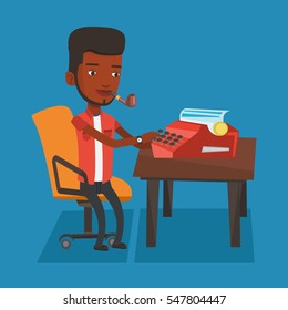 An african-american young journalist writing an article on a vintage typewriter. Concentrated journalist working on retro typewriter and smoking pipe. Vector flat design illustration. Square layout.