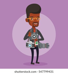 An african-american young male photographer with many photo cameras equipment. Paparazzi using many cameras. Journalist working with many cameras. Vector flat design illustration. Square layout.