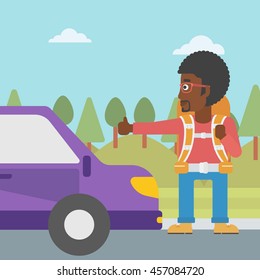 An african-american young man with backpack hitchhiking on roadside. Hitchhiking man with the beard trying to stop a car on the road. Vector flat design illustration. Square layout.
