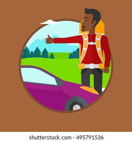 An african-american young man with backpack hitchhiking on roadside. Hitchhiking man trying to stop a car on the road. Vector flat design illustration in the circle isolated on background.