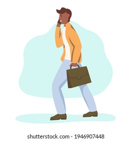 An African-American young man with a briefcase walks down the street and talks on the phone. Flat cartoon vector illustration.