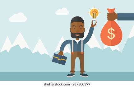 An african-american young man exchange his hand with idea bulb to hand of money bag. Exchanging concept. A contemporary style with pastel palette soft blue tinted background with desaturated clouds