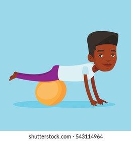 An african-american young man exercising with fitball. Man training triceps and biceps while doing push ups on fitball. Man doing exercises on fitball. Vector flat design illustration. Square layout