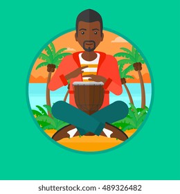 An african-american young man playing ethnic drum. Mucisian playing ethnic drum on the beach. Man playing ethnic music on tom-tom. Vector flat design illustration in the circle isolated on background.