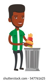 African-american young man putting junk food into a trash bin. Man refusing to eat junk food. Man throwing away junk food. Diet concept. Vector flat design illustration isolated on white background.