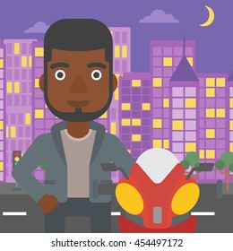 An african-american young man standing near motorcycle on the background of night city. Vector flat design illustration. Square layout.