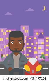 An african-american young man standing near motorcycle on the background of night city. Vector flat design illustration. Vertical layout.