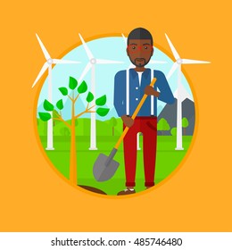 An african-american young man standing with shovel near newly planted tree. Man planting tree on a background of wind turbines. Vector flat design illustration in the circle isolated on background.