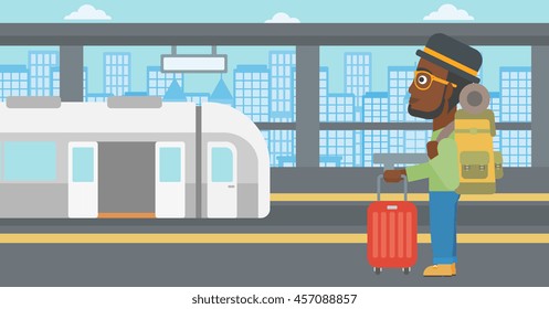 African-american young man standing at the train station on the background of train with open doors. Young man with suitcase waiting for a train. Vector flat design illustration. Horizontal layout.