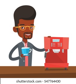 An african-american young man using coffee-machine. Smiling man holding cup of hot coffee in hand. Man standing beside a coffee machine. Vector flat design illustration isolated on white background.
