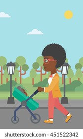 An african-american young mother walking with baby stroller in the park. Mother walking with her baby in stroller. Mother pushing baby stroller. Vector flat design illustration. Vertical layout.