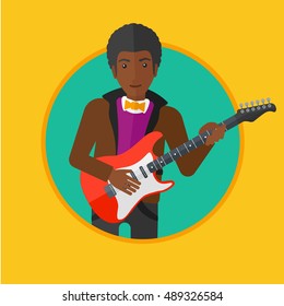 An african-american young musician playing electric guitar. Man practicing in playing guitar. Guitarist playing music. Vector flat design illustration in the circle isolated on background.