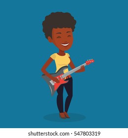 An african-american young musician playing electric guitar. Woman practicing in playing guitar. Guitarist with her eyes closed playing music on guitar. Vector flat design illustration. Square layout.