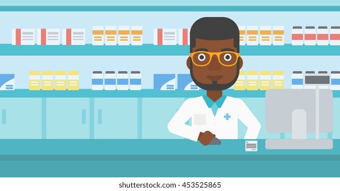 An african-american young pharmacist in medical gown standing at pharmacy counter and working on a computer. Vector flat design illustration. Horizontal layout.