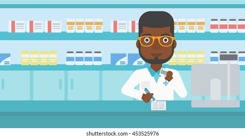 An african-american young pharmacist in medical gown standing at pharmacy counter, writing on clipboard and holding prescription in hand. Vector flat design illustration. Horizontal layout.