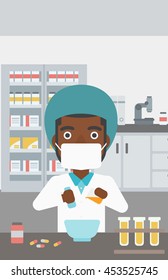 Un joven farmacéutico afroamericano que usa mortero y almirez para preparar medicinas en el laboratorio. Ilustración de diseño plana vectorial. Diseño vertical.