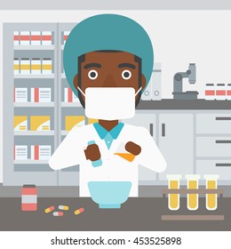 Ein afrikanischer amerikanischer junger Apotheker, der Mörtel und Pestle zur Zubereitung von Medikamenten im Labor verwendet. Vektorflache Design-Illustration. Quadratisches Layout.