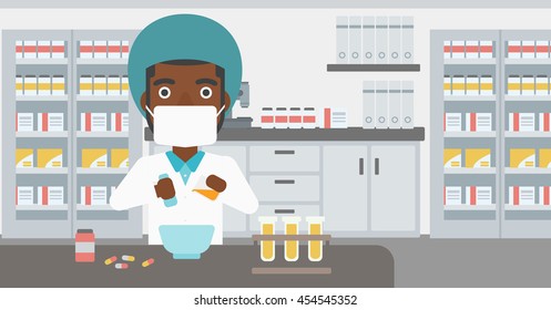 An african-american young pharmacist using mortar and pestle for preparing medicine in the laboratory. Vector flat design illustration. Horizontal layout.