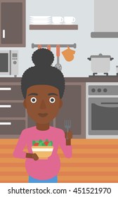 An african-american young pregnant woman holding bowl with vegetables in kitchen. Concept of healthy nutrition during pregnancy. Vector flat design illustration. Vertical layout.