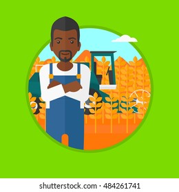 An african-american young satisfied farmer standing on the background of combine working in wheat field. Combine harvesting wheat. Vector flat design illustration in the circle isolated on background.