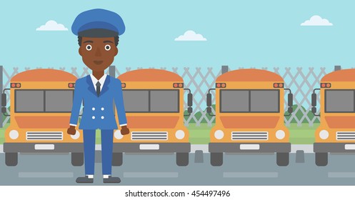 An african-american young school bus driver standing in front of yellow bus. Vector flat design illustration. Horizontal  layout.