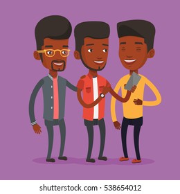 An african-american young smiling man showing something to friends on his mobile phone. Three happy friends looking at smartphone and laughing. Vector flat design illustration. Square layout.
