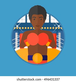 An african-american young sportsman in boxing gloves. Professional male boxer standing in the boxing ring. Vector flat design illustration in the circle isolated on background.