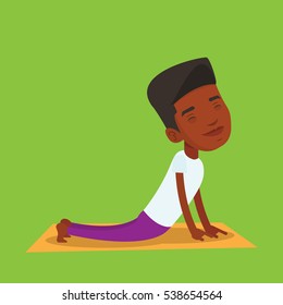 An african-american young sportsman practicing yoga upward dog pose. Sportsman meditating in yoga upward dog position. Sporty man doing yoga on the mat. Vector flat design illustration. Square layout.