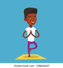An african-american young sportsman standing in yoga tree pose. Sportsman meditating in yoga tree position. Sporty man doing yoga on the mat. Vector flat design illustration. Square layout.