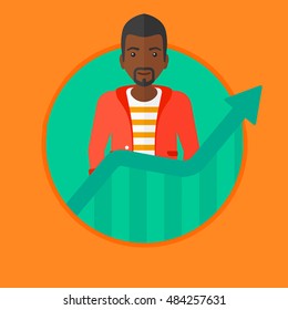 An african-american young successful businessman standing behind the growing chart. Concept of achievement of business success. Vector flat design illustration in the circle isolated on background.