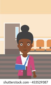 An african-american young woman with broken right arm in brace standing in the hospital corridor. Vector flat design illustration. Vertical layout.