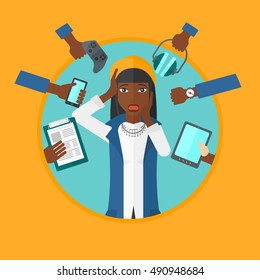 An african-american young woman in despair surrounded by many hands with gadgets around him. Woman using many electronic gadgets. Vector flat design illustration in the circle isolated on background.