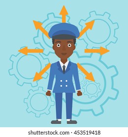 An african-american young woman with many arrows around her head standing on a blue background with cogwheels. Concept of career choices. Vector flat design illustration. Square layout.