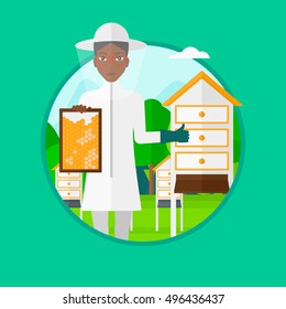 An african-american young woman in protective suit holding a framework in hand and showing thumb up while standing at apiary. Vector flat design illustration in the circle isolated on background.