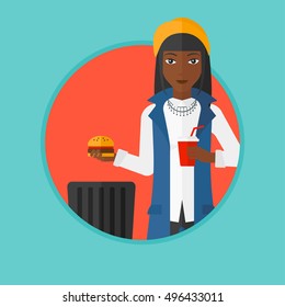 An african-american young woman putting junk food into a trash bin. Woman refusing to eat junk food. Woman rejecting fast food. Vector flat design illustration in the circle isolated on background.