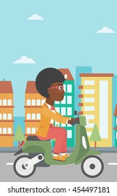 An african-american young woman riding a scooter on a city background. Young woman driving a scooter in the street. Vector flat design illustration. Vertical layout.