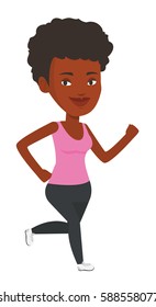 African-american young woman running. Happy runner jogging. Full length of a smiling athlete running. Sportswoman in sportswear running. Vector flat design illustration isolated on white background.
