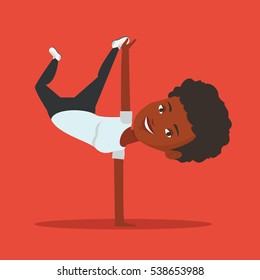 Joven afroamericana mostrando sus habilidades en el baile de descanso. Feliz baile de descanso haciendo paro. Mujer joven bailando. Fuerte breakdance de mujer. Ilustración de diseño plana vectorial. Diseño cuadrado