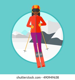 An african-american young woman skiing on the background of snow capped mountain. Female skier skiing downhill in mountains. Vector flat design illustration in the circle isolated on background.
