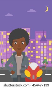 An african-american young woman standing near motorcycle on the background of night city. Vector flat design illustration. Vertical layout.