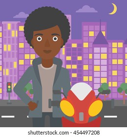 An african-american young woman standing near motorcycle on the background of night city. Vector flat design illustration. Square layout.