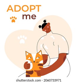 African-american young woman takes happy cat from the shelter. Flat design vector line illustration.