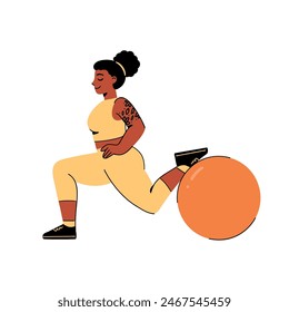 African-American young woman with tattoo doing workout with fitness ball. Flat vector illustration of plus size female character in yellow sport outfit. Body positive, fitness and pilates concept.