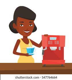 An african-american young woman using coffee-machine. Woman holding cup of hot coffee in hand. Woman standing beside a coffee machine. Vector flat design illustration isolated on white background.